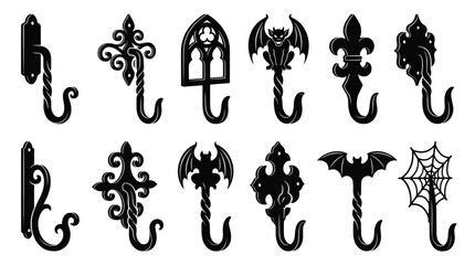 Set of vintage wall hooks with gothic and halloween elements, wrought iron style hangers with gargoyle, bat, spider web, fleur de lis and ornate patterns © PixelAura_Studio