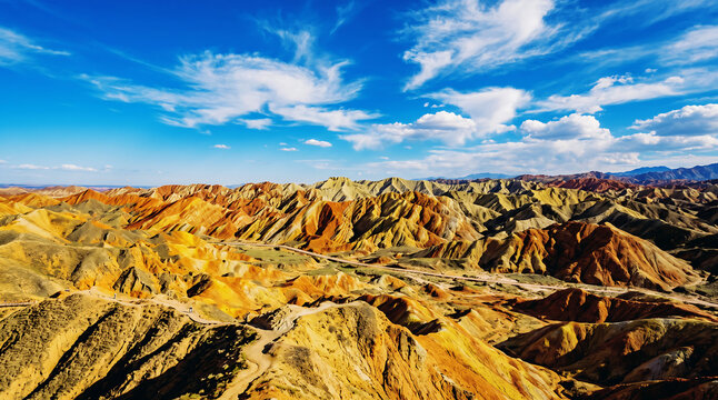 Stunning panoramic view of the colorful Danxia landform mountains in Zhangye China under a bright blue sky.