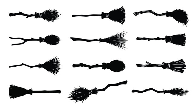 Set of witch brooms silhouettes vector illustration of magic broomsticks for halloween design