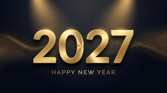 Three dimensional metallic gold 2027 numbers with happy new year text on a dark background, with golden dust particles