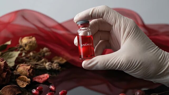 Gloved hand presenting a vial labeled ANEMIA, symbolizing iron deficiency, a critical blood disorder and medical health concern, impacting human well-being