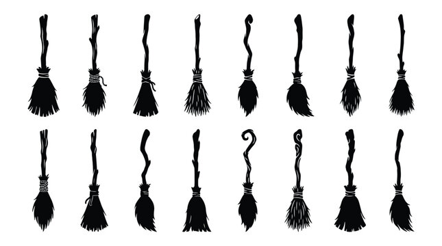 Set of witch broom silhouettes, magical sweeping tools for halloween, collection of rustic wooden brooms with straw bristles