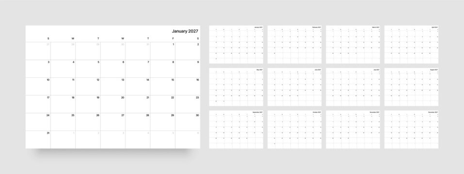 Minimalistic daily planner template for 2027, monthly calendar view where each week starts on Sunday.