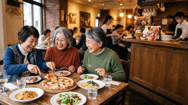 イタリアンレストランでピザを楽しむ楽しそうなシニア女性グループ