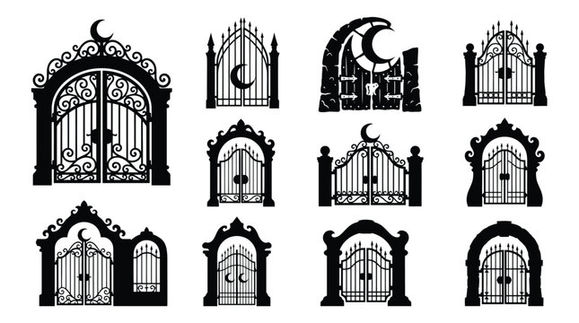 Set of silhouettes of gothic cemetery gates, iron fences and entrance arches with moon symbols