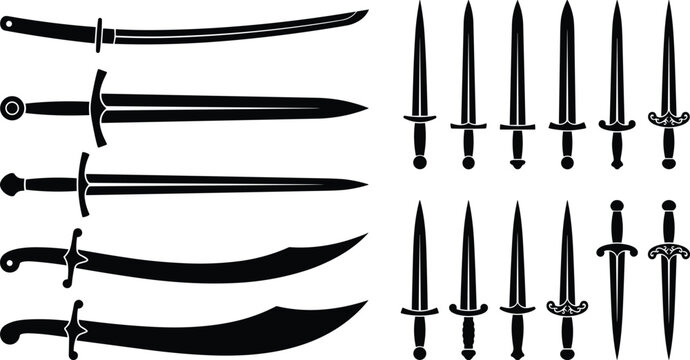 Set of ancient swords and daggers black silhouettes isolated on white background vector illustration