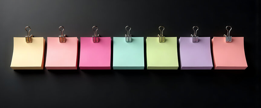 Colorful sticky notes pinned with binder clips on black background.