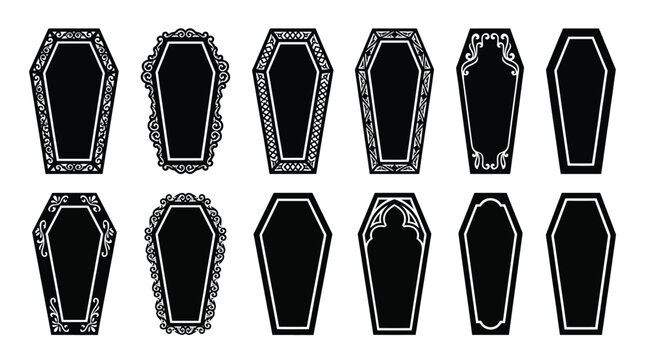 Set of vector coffin icons collection of various funeral caskets with different decorative patterns and simple silhouettes