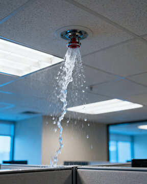 A malfunctioning industrial fire sprinkler system leaks water onto modern office cubicles in an emergency workplace safety hazard scenario