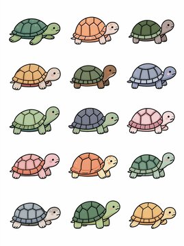 Set of twelve cute turtles with colorful shells crawling in a row