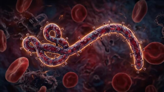 Deadly pathogen presence: Ebola virus, blood cell, medical crisis, global health, infectious agent, microscopic view, viral outbreak, disease transmission, human organism, research study.