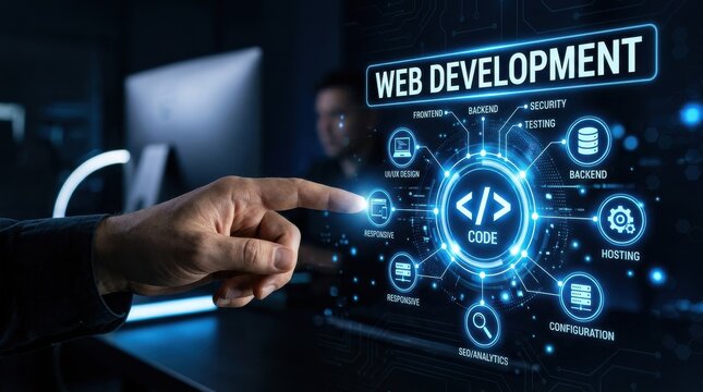 Web development concept with hand touching digital interface and coding symbols