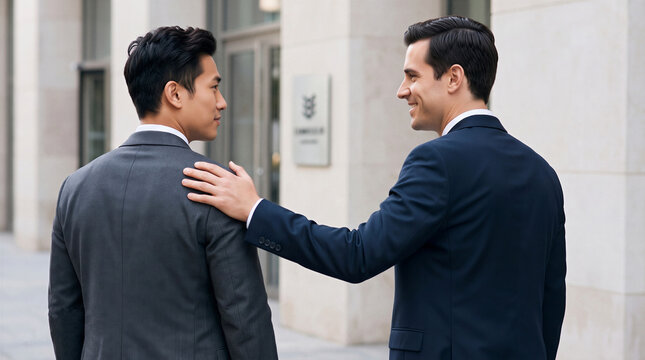 Smiling businessman placing hand on male colleague's shoulder outdoors, showing support, partnership, and corporate success
