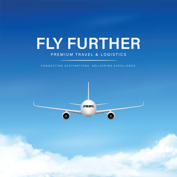 Vector 3d Airplane Front View. Passenger Airplane Flying in Blue Sky. Commercial Jet Aircraft Front View Square Banner. Aviation Travel Transport Design