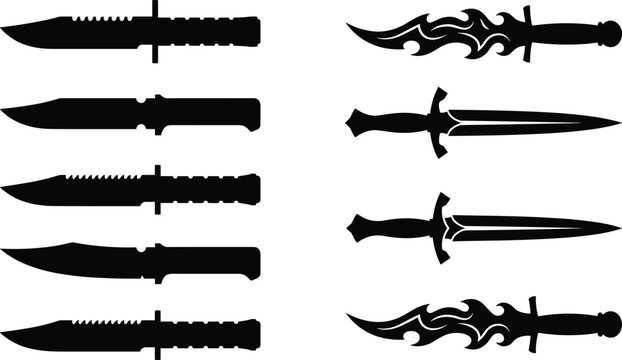 Set of military and fantasy dagger silhouettes isolated on a clean white background