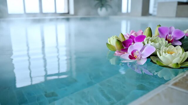 A cluster of elegant flowers floats on the water amidst a faint mist, creating a serene atmosphere in shades of blue.