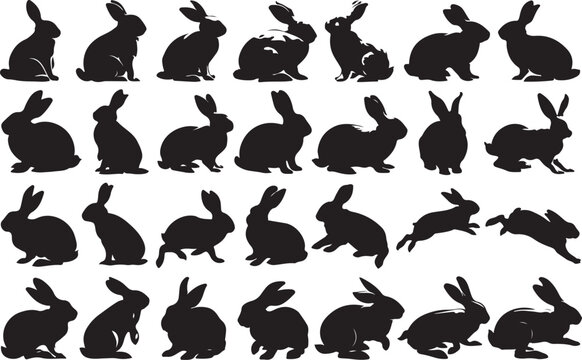 Rabbit silhouette collection, 28 black bunny vector icons. Easter hare animal shapes, jumping and sitting rabbit set for nature design.