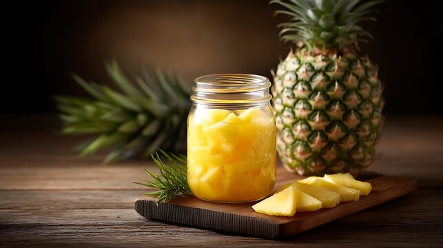 A glass jar filled with chunks of fresh pineapple on a wooden cutting board