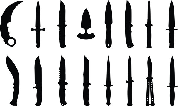 Set of tactical and military knife silhouettes isolated on a clean white background