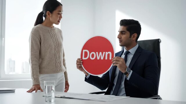 Businessman holds 'Down' sign during serious office discussion with female colleague