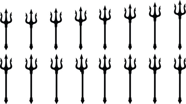 Set of trident silhouette vectors with various designs isolated on a clean white background
