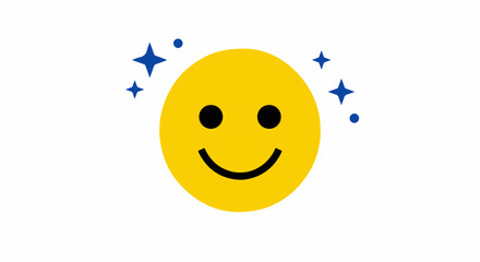 Naklejka premium Bright yellow happy smiley face icon with vibrant blue sparkling stars floating around the circular shape isolated against a plain white background used for modern digital graphic design artistic 