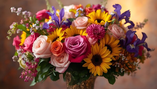 Beautiful Colorful Mixed Flower Bouquet in Elegant Vase with Roses, Sunflowers and Irises Still Life