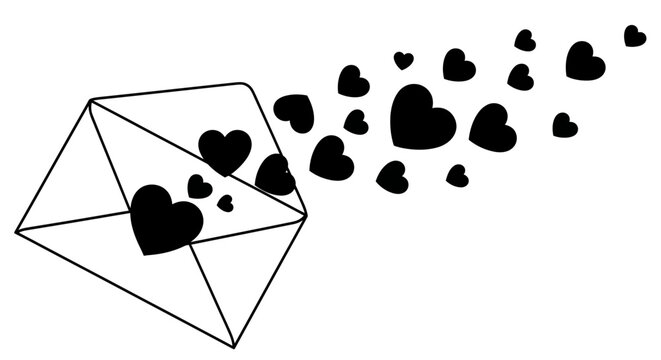 Black and white illustration of an open envelope with hearts flying with valentine romance message emotion graphic symbol love mail icon