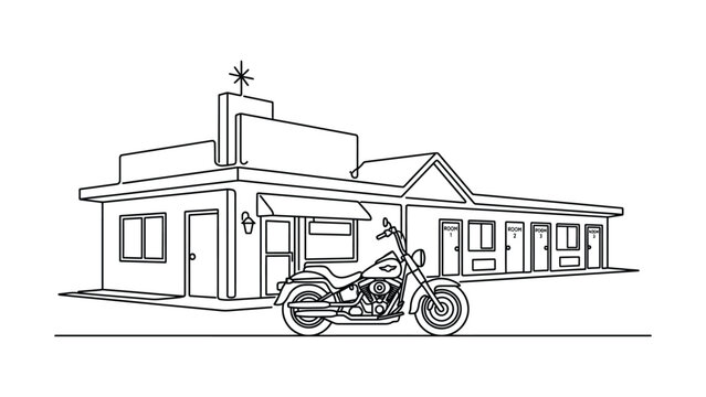 Continuous line drawing of a classic motorcycle parked in front of a roadside motel building.