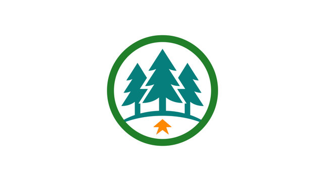 Minimalist circular logo design featuring three pine trees and a small star.