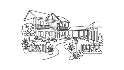 Obraz premium Black and white line art illustration of a cozy roadside motel exterior.