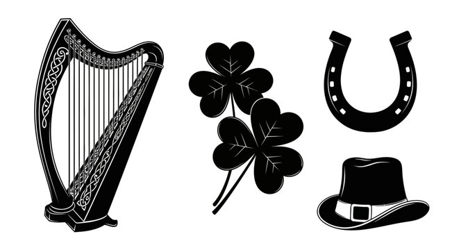 St patrick's day symbols with collection black white illustrations st four leaf clover good fortune top hat celebration traditional horseshoe