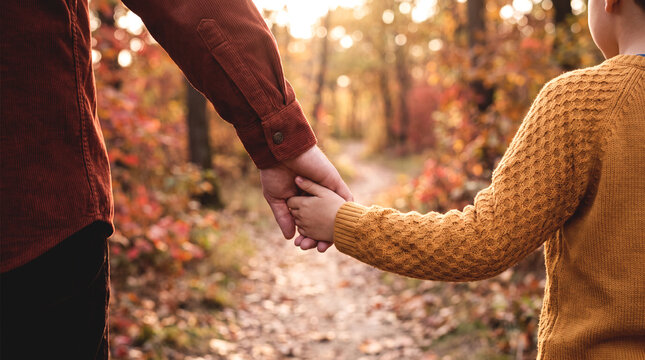 Close-Up of Parent and Child Holding Hands on Autumn Forest Path