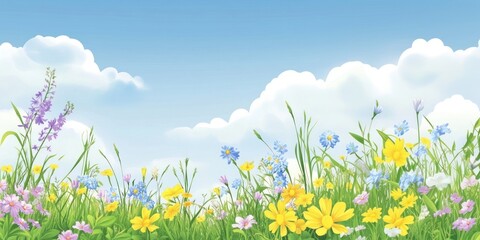 Fototapeta premium Wildflower field flowers sky illustration.