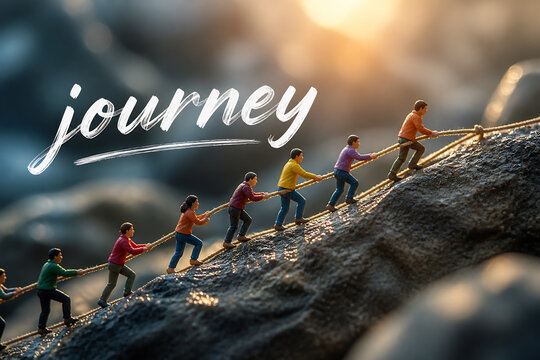 People are climbing a rope across a rocky landscape at sunset.
