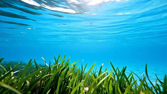 Underwater seagrass in clear blue water