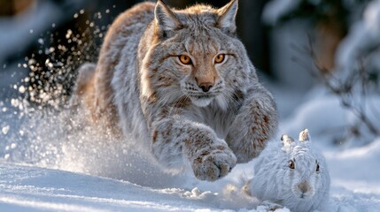 Fototapeta premium Lynx chasing rabbit in snowy landscape during winter afternoon Generative AI