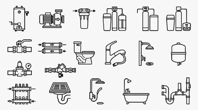 Corporate of Plumbing and Water Filtration System Components in Black and White with high quality professional line art symbols for modern creative design and digital branding projects