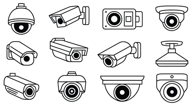 CCTV camera vector icon set featuring surveillance and video observation system symbols in line art style for security monitoring concepts, vector, designs