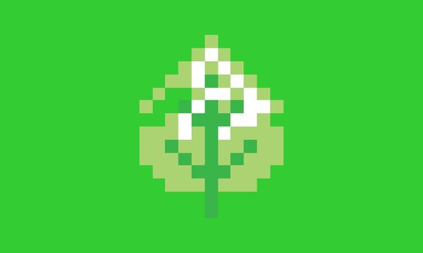 Abstract pixel art leaf with white light logo vector illustration, green leaf plant eco branding graphic design background