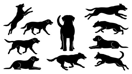 Fototapeta premium Dogs in various active poses are captured as black silhouettes against a plain white background.