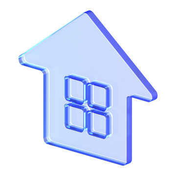 Glassmorphism icon featuring stylized transparent house with blue outlines and windows