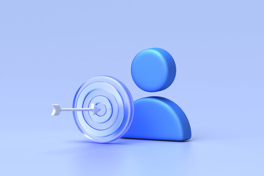 Glassmorphism icon set showcasing blue user profile with translucent target board and arrow indicating audience targeting