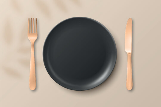 Vector 3d Black Empty Plate with Fork and Knife. Table Setting Top View. Minimal Dinnerware Mockup for Restaurant Menu. Clean Ceramic Dish and Cutlery. Dining Place Setting Isolated