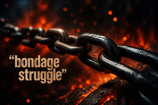 Heavy metal chains against a fiery, dark background with text reading bondage struggle.