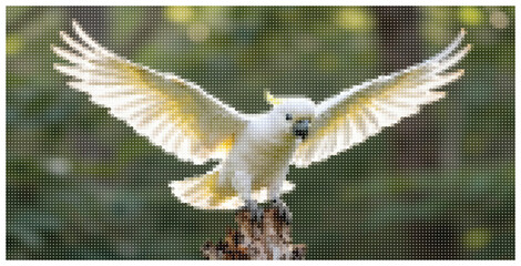 White cockatoo landing on tree trunk with wings open in forest art. © MOSTMONIRA