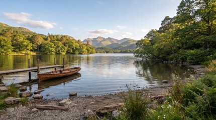 Fototapeta premium Wooden rowing boat beside a peaceful lakeside pier with lush forest and distant mountains under a blue summer sky, offering a tranquil nature and outdoor travel scene.