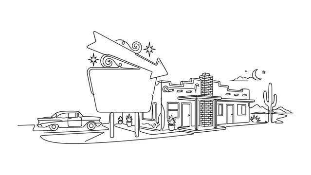 Retro Desert Motel with Vintage Car and Neon Sign Line Art Illustration.