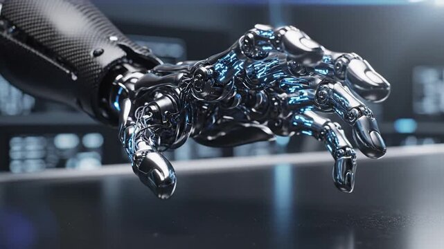 A robotic hand with blue circuits is reaching forward in a dark laboratory setting with technology.