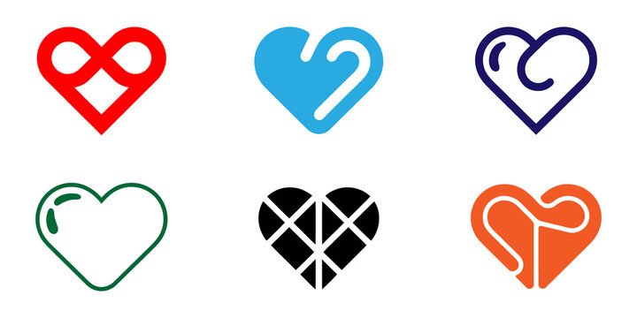 Set of six colorful heart silhouettes icons and creative love shapes for design